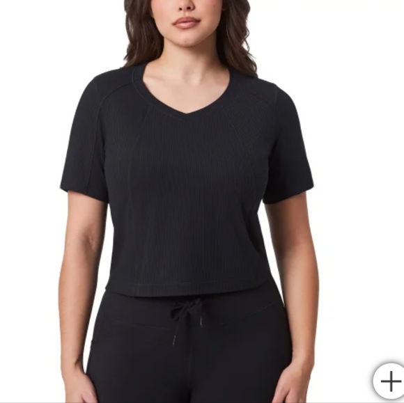 NWT Mondetta Women's Short Sleeve Ribbed V-Neck cropped Tee Black M L XS - Picture 1 of 6
